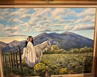 Original oil by Artist Heinz Stoecker - "Indian Girl & White Pony" 30 inches x 40 inches