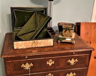 Four drawer side table; lamp