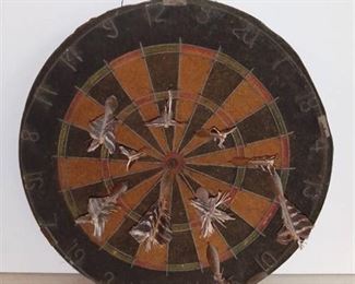 Vintage Nodor Cork Dartboard With Wood and Feather Darts