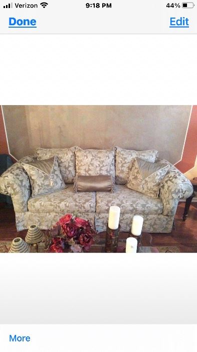 Beautiful Traditional Style 
Sofa & Love Seat.  Both for $800.00
Light sage fabric with light beige design. 
7 ‘ 6 “  Sofa 
5’ 8” LoveSeat

