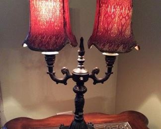 Beautiful vintage look 
Ornate style Metal Lamps with double fabric shades  
2 for $60.00. 
Or can be sold separately @ $30.00
 