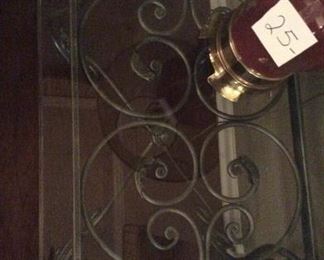 2 Beautiful glass top , scroll design wrought iron 
square End tables 
