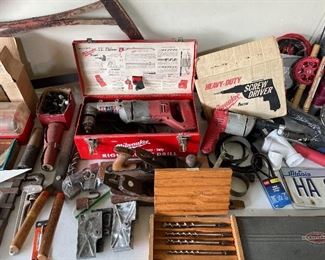Milwaukee right angle drill and Milwaukee screwdriver. Antique hand tools.