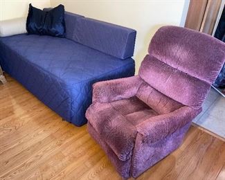 Daybed and Lazy Boy rocker-recliner. Daybed comes with spread,  bolsters and two pillows as shown. Mattress and box foundation are like new, and are very clean and have rarely been used. 