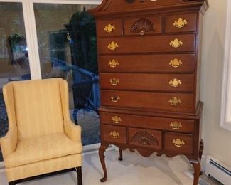 Federal Highboy chest of drawers, nice upholstered side chair