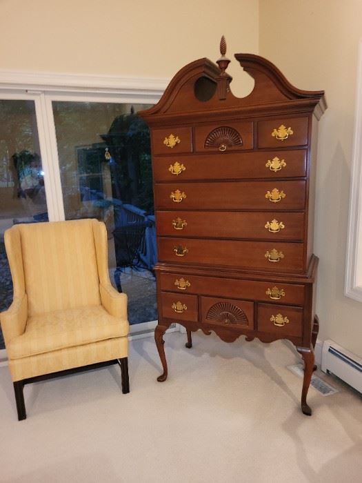 Federal Highboy chest of drawers, nice upholstered side chair