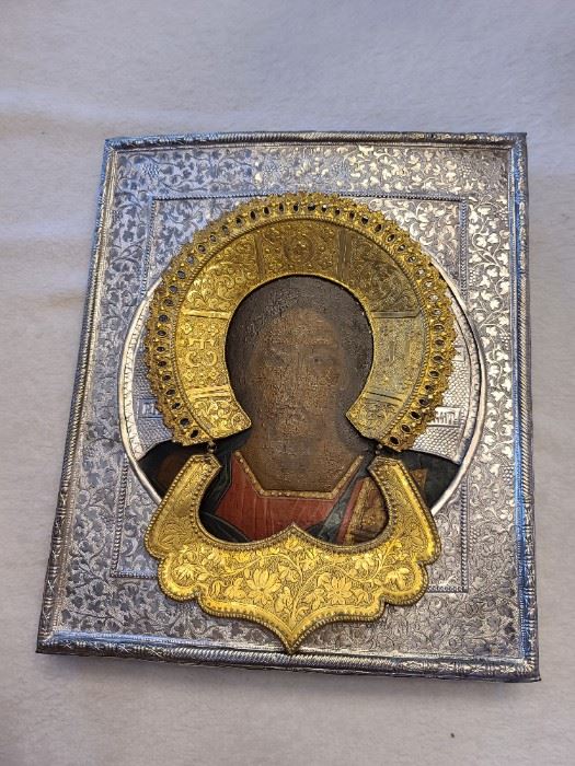 Antique Russian Religious Icon Sterling Silver Wall Plaque