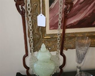 Green Jade Covered Jar/Urn With Devil's Chain & Stand