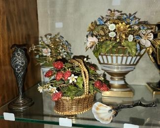 Vintage Painted Enamel Metal Flower Arrangements & Antique Caviar Spoon