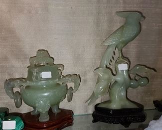 Jade Covered Urn & Bird Figurine