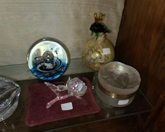 Swarovski Rose, Lalique Trinket Box, Art Glass Frog Perfume Bottle, & Art Glass Paperweight