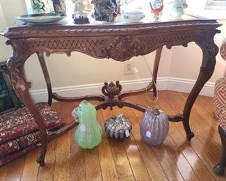Antique Carved Table With Onyx Insert & Light-Up Glass Pumpkins