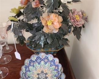 Hardstone Floral Arrangement In Cloisonne Basket & Persian Bowl And Plate Set
