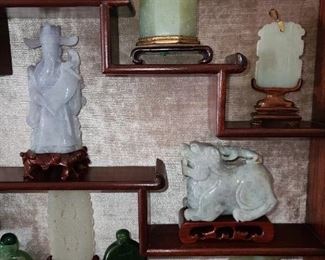 Asian Themed Wall Mounted Display Cabinet With Green And Purple Jade Figurines (SOLD AS ONE LOT/COLLECTION)