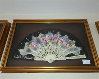 Antique Handpainted Fan In Glass Display Case (Spain)