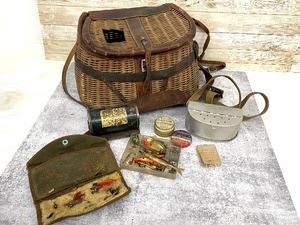 Vintage fishing basket, belt line batboy lures & more