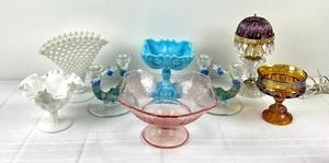 Array of Vintage glassware- carnival, milk glass, depression glass & more