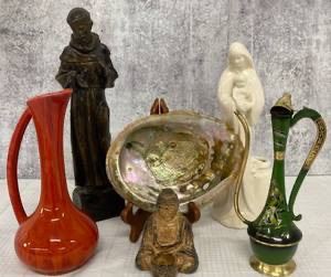 Decorative figurines including buddha, shell & vases