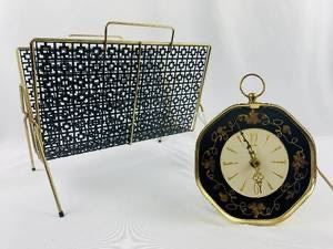 Mid Century Modern Magazine Rack & Verichron Clock 