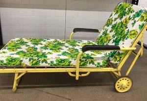 Vintage Yellow Metal Outdoor Chaise Lounge on Wheels 