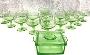 16 uranium glass sherbet glasses & Anchor Hocking Dish