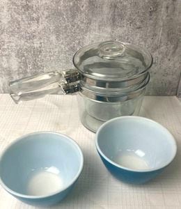vintage Pyrex double boiler and blue bowls