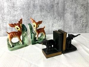 Vintage Bookends- Ronson Cast Iron Elephants and Ceramic Deer