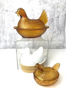3 Vintage Glass Rooster Covered Dishes