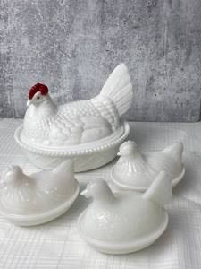 4 Vintage Milk Glass Rooster Dishes