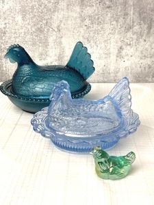 3 Vintage Glass Rooster Covered Dishes