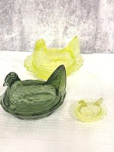 3 vintage glass rooster covered dishes