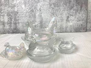 4 vintage glass rooster covered dishes