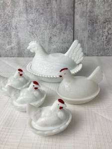 5 vintage milk glass rooster covered dishes