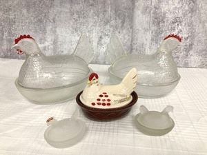 5 vintage glass rooster covered dishes