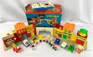 Vintage Fisher Price Play Family Village with original box, accessories & Sea Explorer Boat