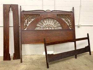 Large Wood Bed Frame w/ Sculpted Iron Insets