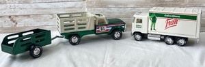 Pair of vintage Nylint trucks and trailers- Green Giant & Nylint Farms