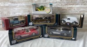 6 Vintage die cast model trucks/ cars & banks in original boxes 
