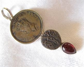 STERLING PENDANT WITH OLD COINS & GARNET