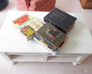 TABLE WITH 2 STORAGE BINS & BOOKS