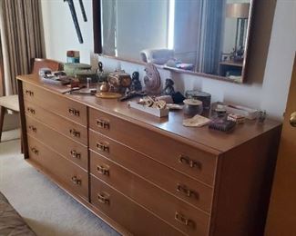 Johnson Furniture Mid-Century Dresser (22" deep x 72" wide x 31" tall)  with matching over-sized wall mirror (60" wide x 31" tall)