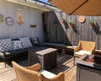 Plastic deck storage box, patio sofa with cushions