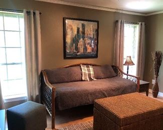  Bamboo/rattan daybed; large woven trunk.