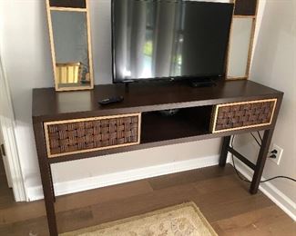 MCM style console table with woven drawers and mirrors.