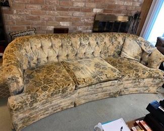 Vintage Broyhill Sofa Set
Slightly rounded front & tufted backs
Has one pillow & one extra pillowcase that matches.
It does have some wear & stains but no rips or tears.
Couch measures: 90” long x 3’ deep x 16” tall to seat, 28” tall to back.
Loveseat measures: 5’ across x 3’ deep x 16” tall to seat, 28” tall to back. 
Must be able to move and load yourself.