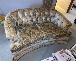 Vintage Broyhill Sofa Set
Slightly rounded front & tufted backs
Has one pillow & one extra pillowcase that matches.
It does have some wear & stains but no rips or tears.
Couch measures: 90” long x 3’ deep x 16” tall to seat, 28” tall to back.
Loveseat measures: 5’ across x 3’ deep x 16” tall to seat, 28” tall to back. 
Must be able to move and load yourself.