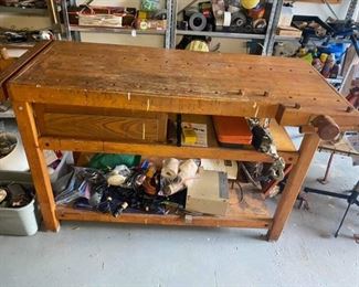 Vintage European Carpenters Bench
Really cool piece of furniture! 
Has 2 built in vises. 
Lots of work has been spent building things on this piece. 
62” long x 29” across x 35” tall.
Must be able to move and load yourself.