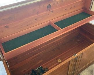 Cedar chest open to show the inset tray