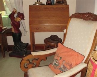 Antique rocking chair.  Custom made oak slant lid desk. 