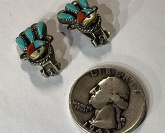 Zuni Clip-On Earrings Turquoise, Coral, Mother of Pearl Native American 	17x13x9mm	
